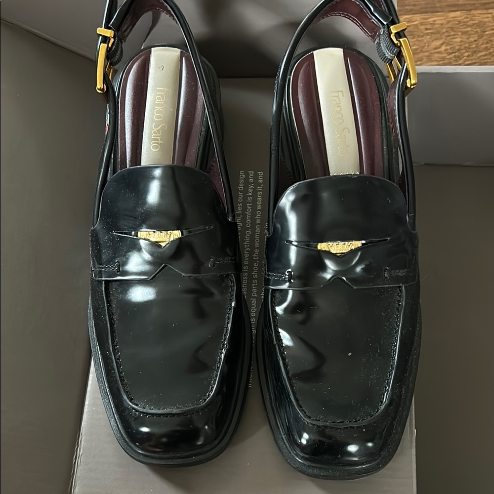 Franco Sarto Black Loafers with Gold Accent